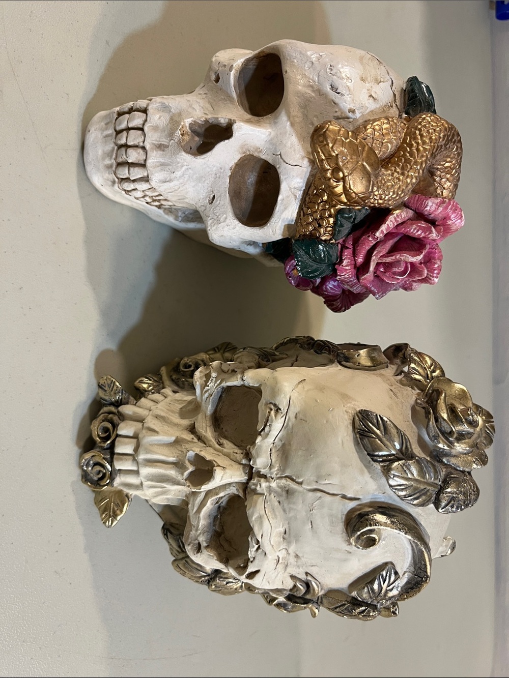 Decorative Skull Accent with Gold Snake and Pink Rose - Home Accents